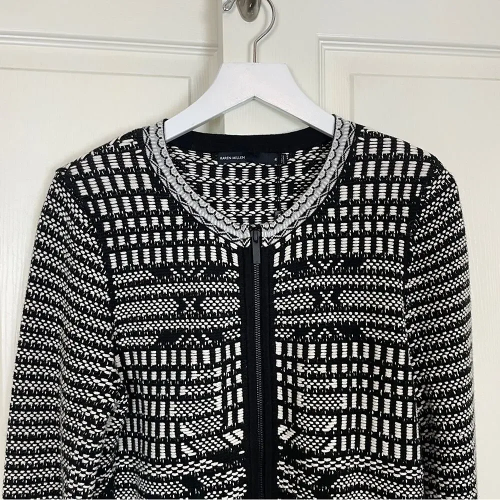 Karen Millen Jacquard Zip Cardigan Embroidered Black Graphic Pattern NWT Sz 4